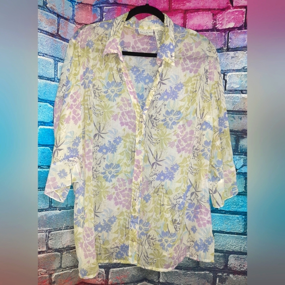 Sheer Floral Button-Up Blouse 2X(18W-20W)